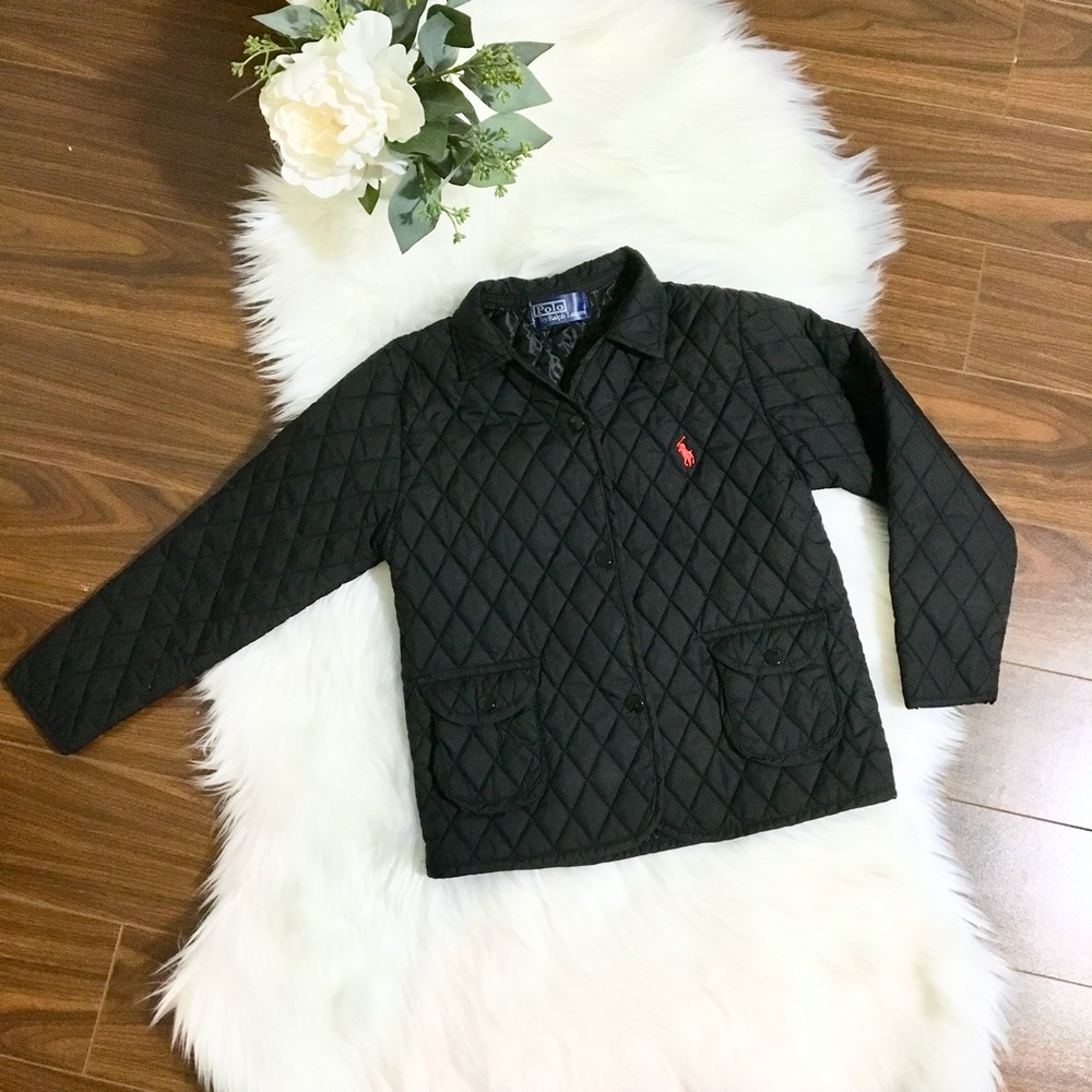 Polo by Ralph Lauren Black Quilted Pea Coat with Red Polo Emblem
